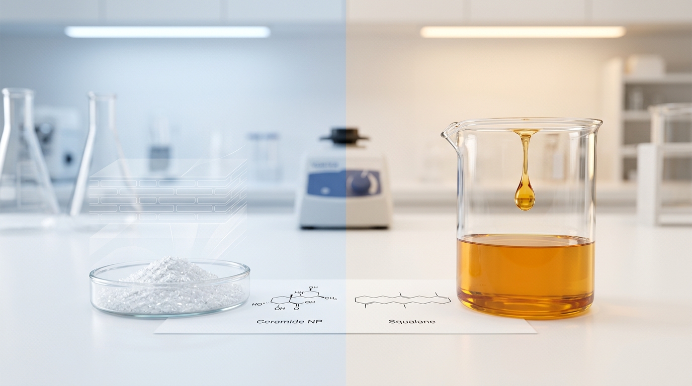 Side-by-side comparison of crystalline ceramide NP powder and liquid squalane with molecular structure overlays — Onerchem barrier-repair lipid ingredient comparison
